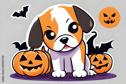 A cute halloween puppy with jack o lantern. Generative AI