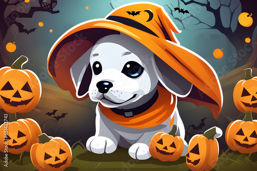 A puppy wearing a Halloween hat. Generative AI