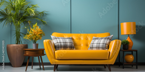 Orange loveseat sofa and barrel chair against of blue yellow wall. Mid century interior design of modern living room photo