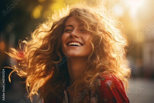 Outdoor professional photo shoot of a smiling and happy young woman