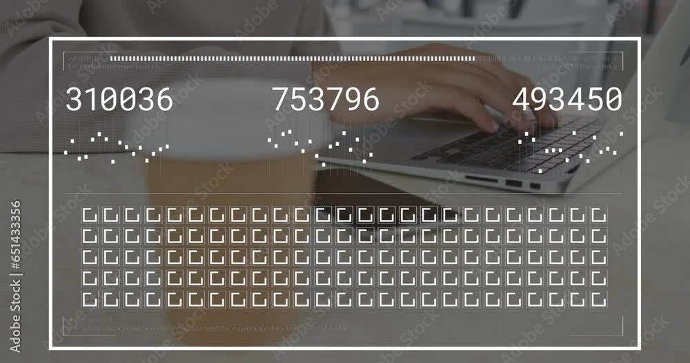 Animation of graphs, numbers, loading bar and squares, midsection of caucasian man working on laptop