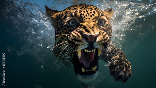Foto leopardo sumergido y nadando en el agua