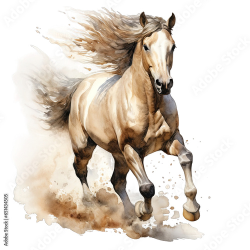 Running horse watercolor clipart on transparent background. Generative AI illustration