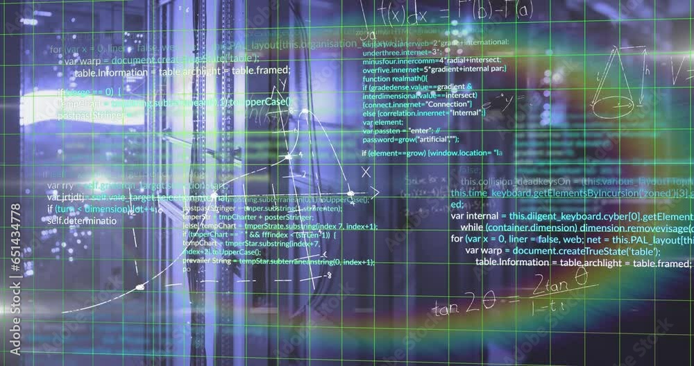 Animation of computer language and mathematical equations and diagrams over server room Animation of computer language and mathematical equations and diagrams over server room