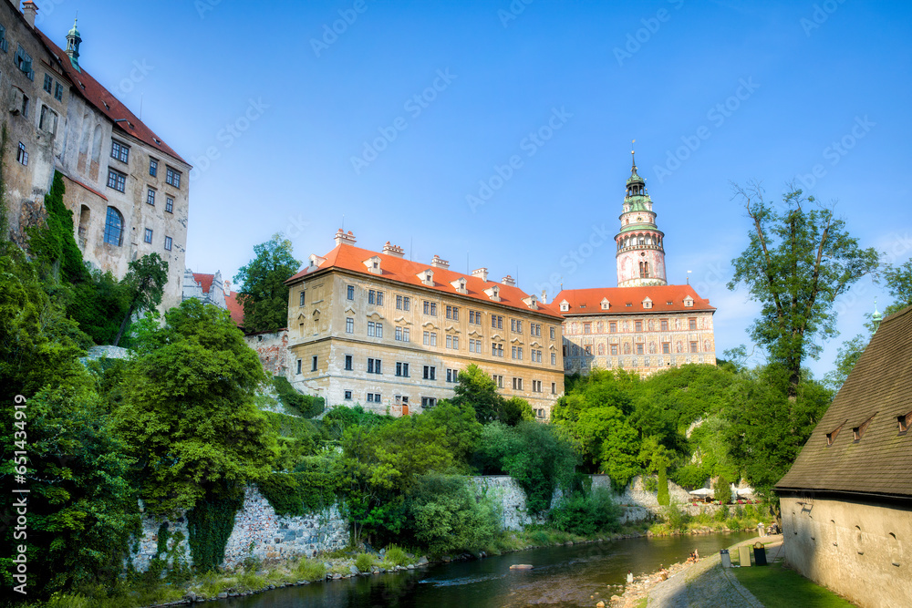 The Vltava River in Beautiful Cesky Krumlov in the Czech Republic, with the Castle Overlooking the River and the City