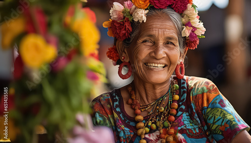 Indian elderly woman in traditional sari among yellow flowers in the market