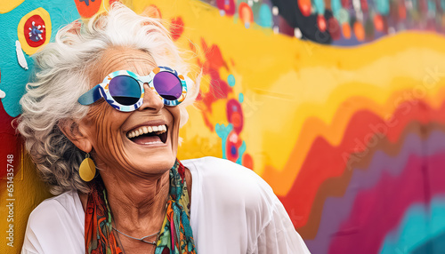 Very bright and happy old woman laughing in stylish glasses on a multi-colored background
