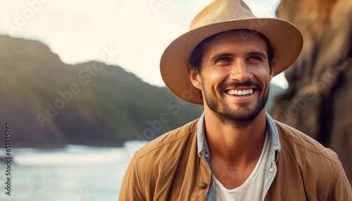 A man travels through the desert and the beach in a beige shirt