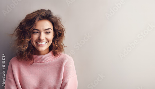 Foto Gentle young woman in pink sweater feels warm and satisfied