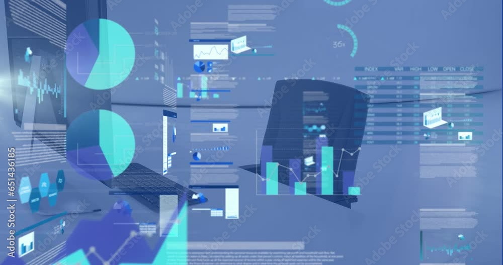 Animation of graphs, loading circles and trading board, unoccupied chair and computer in office