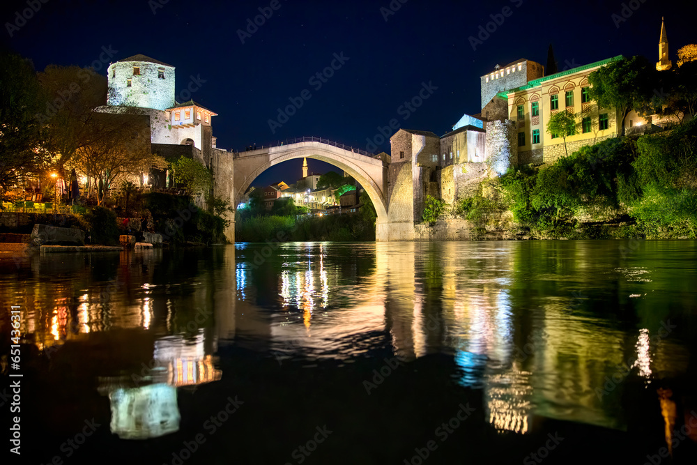 Night Shot of the Famous Old Bridge (Stari Most) Crossing the River Neretva in Mostar, Bosnia and Herzegovina