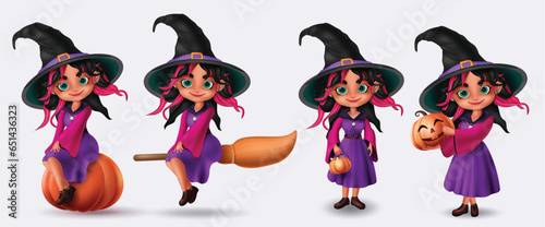 Halloween witch girl characters vector set design. Halloween character of young, beautiful, lovely and cute witch girl in standing, seating and flying pose. Vector illustration witch girl collection.
