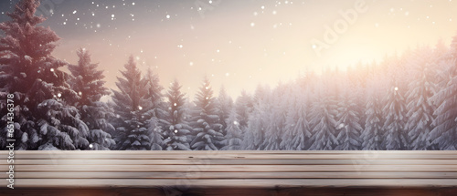 Empty wood table top with on blurred christmas landscape background, wood table top perspective in front of natural in the sky with light blur background image for product display, Generative AI