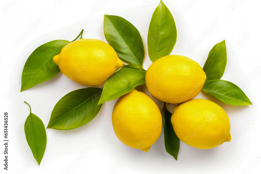 Lemons with green leaves on white background. Top view.