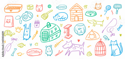 Vector collection of objects for pets, hand-drawn in the style of doodles.