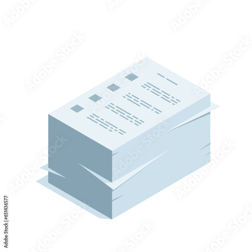 isometric stack of paper, in color on a white background, study or work or documentation