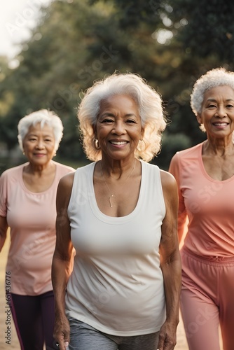 Group of active senior women doing exercise outdoors together. Generative ai.