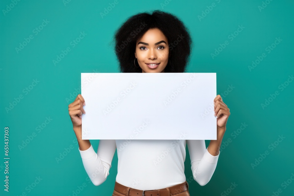 Woman Holding Blank Card on Mint Green Background Woman Holding Blank Card on Mint Green Background