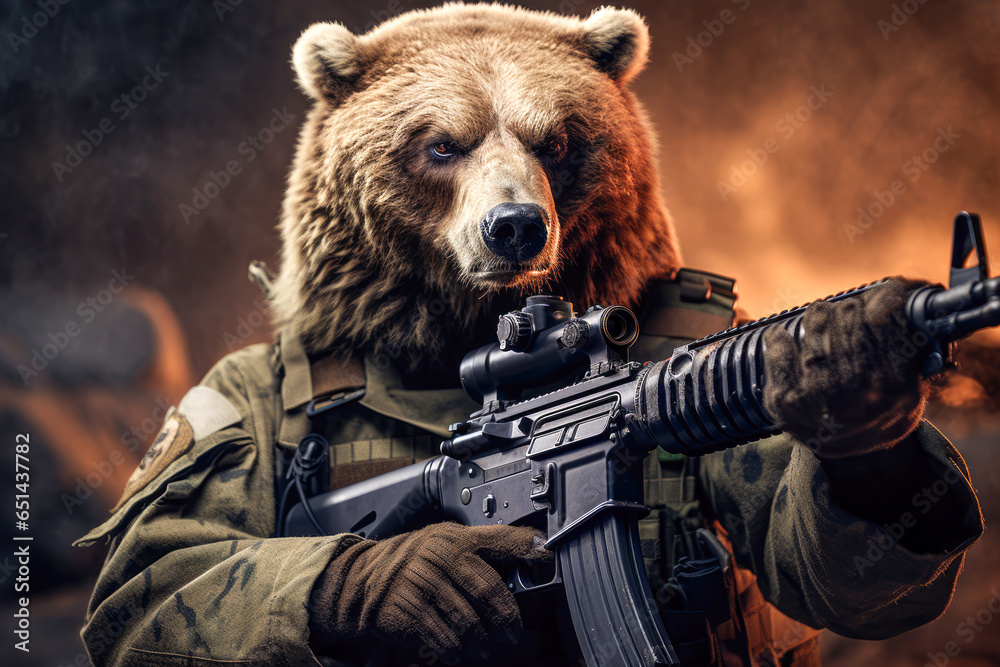 Portrait of a dangerous bear with a machine gun on a dark background Portrait of a dangerous bear with a machine gun on a dark background