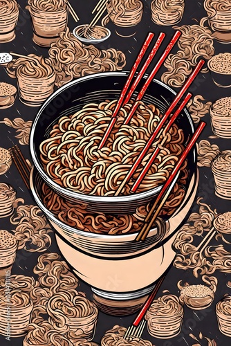 Illustrated poster of bowls full of ramen noodles and chopsticks.  photo