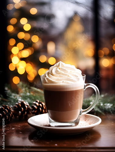 Glass mug with hot drink and whipped cream on top on a table, Christmas composition with blurred lights in background