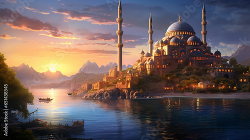 Mosque by the Sea at Sunset