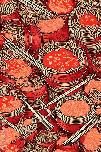 Illustrated poster of bowls full of ramen noodles and chopsticks.  photo