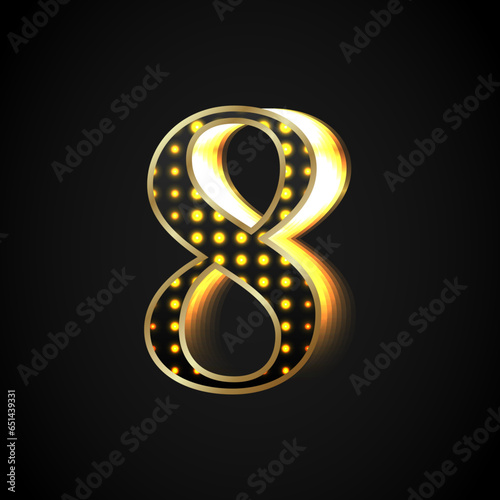 Black number Eight is shiny with a golden frame glowing towards the right. Vector object