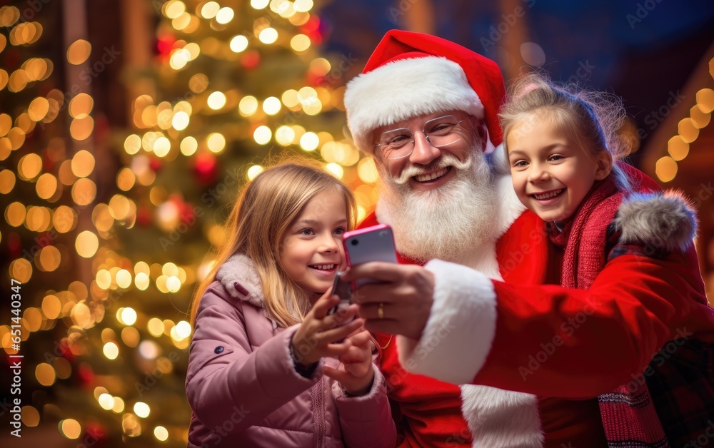 Santa claus is taking a selfie with happy children outside the Christmas tree. Generative AI Santa claus is taking a selfie with happy children outside the Christmas tree. Generative AI