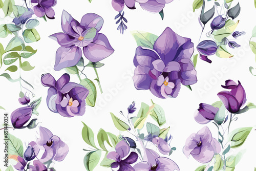 Vector abstract, art, backdrop, background, Christmas seamless pattern with Watercolor painting green leaves and lisianthus flower arrangement and berries. Hand drawn. 