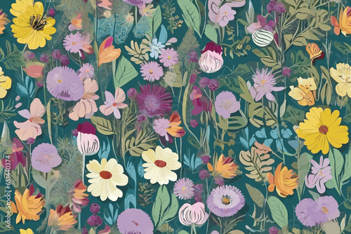 Vector abstract, art, backdrop, background, Christmas seamless pattern with Watercolor painting green leaves and lisianthus flower arrangement and berries. Hand drawn.