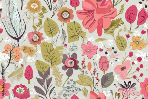 Vector abstract, art, backdrop, background, Christmas seamless pattern with Watercolor painting green leaves and lisianthus flower arrangement and berries. Hand drawn.