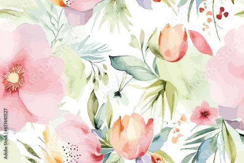 Fototapeta Naklejka Na Ścianę i Meble -  Vector abstract, art, backdrop, background, Christmas seamless pattern with Watercolor painting green leaves and lisianthus flower arrangement and berries. Hand drawn.