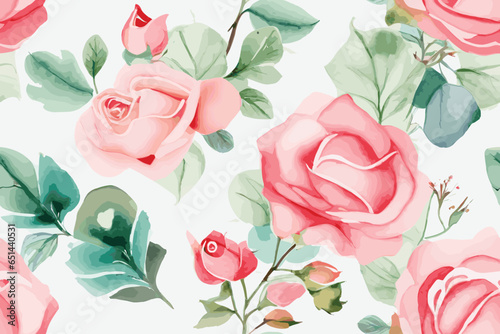 Vector abstract, art, backdrop, background, Christmas seamless pattern with Watercolor painting green leaves and lisianthus flower arrangement and berries. Hand drawn.