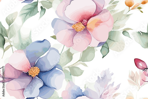 Vector abstract, art, backdrop, background, Christmas seamless pattern with Watercolor painting green leaves and lisianthus flower arrangement and berries. Hand drawn.