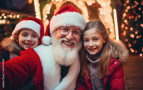 Santa claus is taking a selfie with happy children outside the Christmas tree. Generative AI