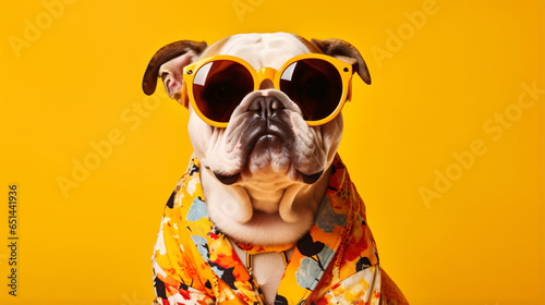 Stylish funny purebred dog english bulldog wearing sunglasses
