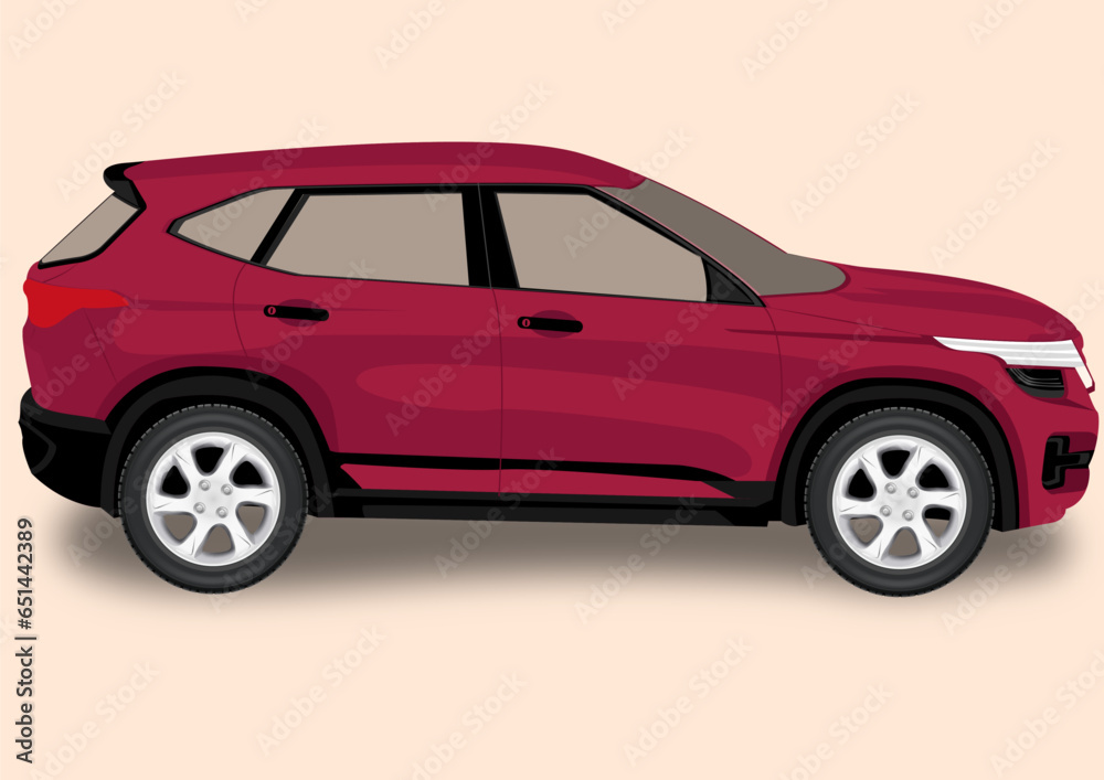 Vector illustration of side view of red color subcompact luxury mini SUV car on light pink background.
