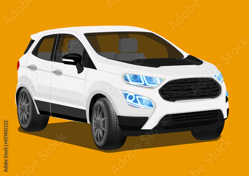 Vector illustration of front half side view of white color luxury subcompact crossover SUV car on pink background.
