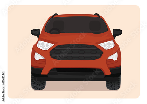 Vector illustration of front view of luxury subcompact crossover SUV car on light pink background.

