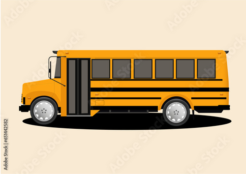 Vector illustration of side view of yellow color school bus on light pink background. 