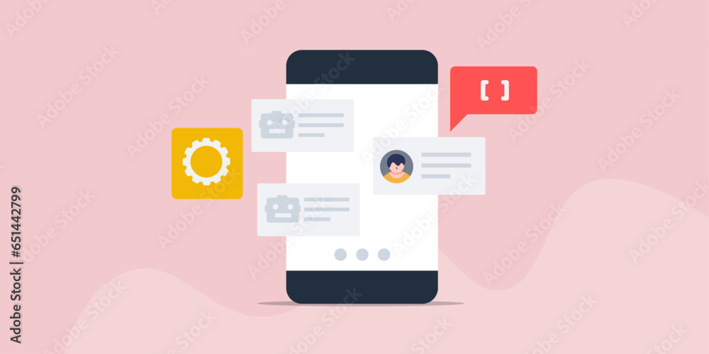 Artificial intelligence chatbot app communicating with user on smartphone screen, AI technology, conversation with automate software mobile app, vector illustration.