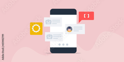 Artificial intelligence chatbot app communicating with user on smartphone screen, AI technology, conversation with automate software mobile app, vector illustration.