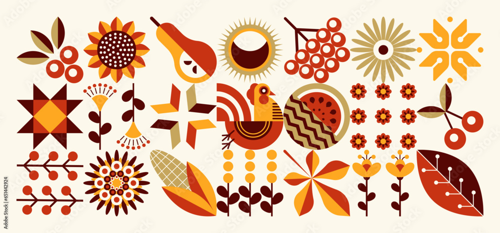 Ukrainian autumn illustration. Minimal geometric floral pattern. Scandinavian style. A set of mosaic shapes. Concept of eco agriculture. - obrazy, fototapety, plakaty 