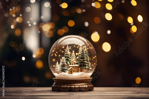 Snow globe with house and christmas tree on bokeh background 