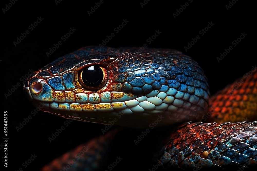 close up of a snake on a black background. close up of a snake on a black background.