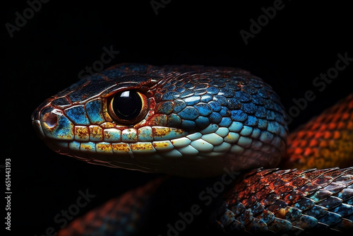close up of a snake on a black background. 