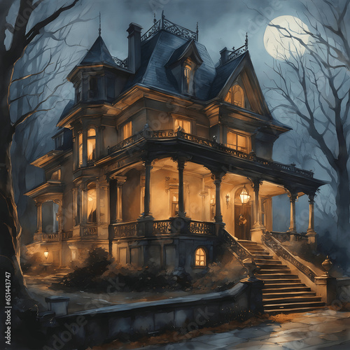 A spooky mansion with eerie lights and creepy creatures lurking around.