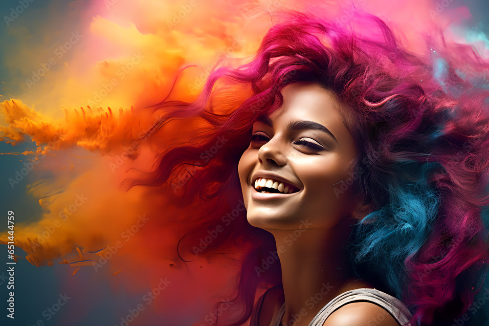 Joyful screaming female model, colorful hair, posing, - The Rainbow Powder Series Joyful screaming female model, colorful hair, posing, - The Rainbow Powder Series