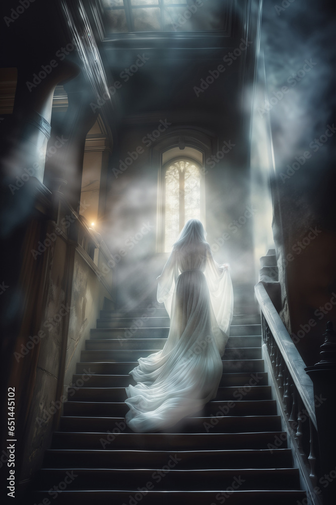 White ghost woman in foggy room - obrazy, fototapety, plakaty 